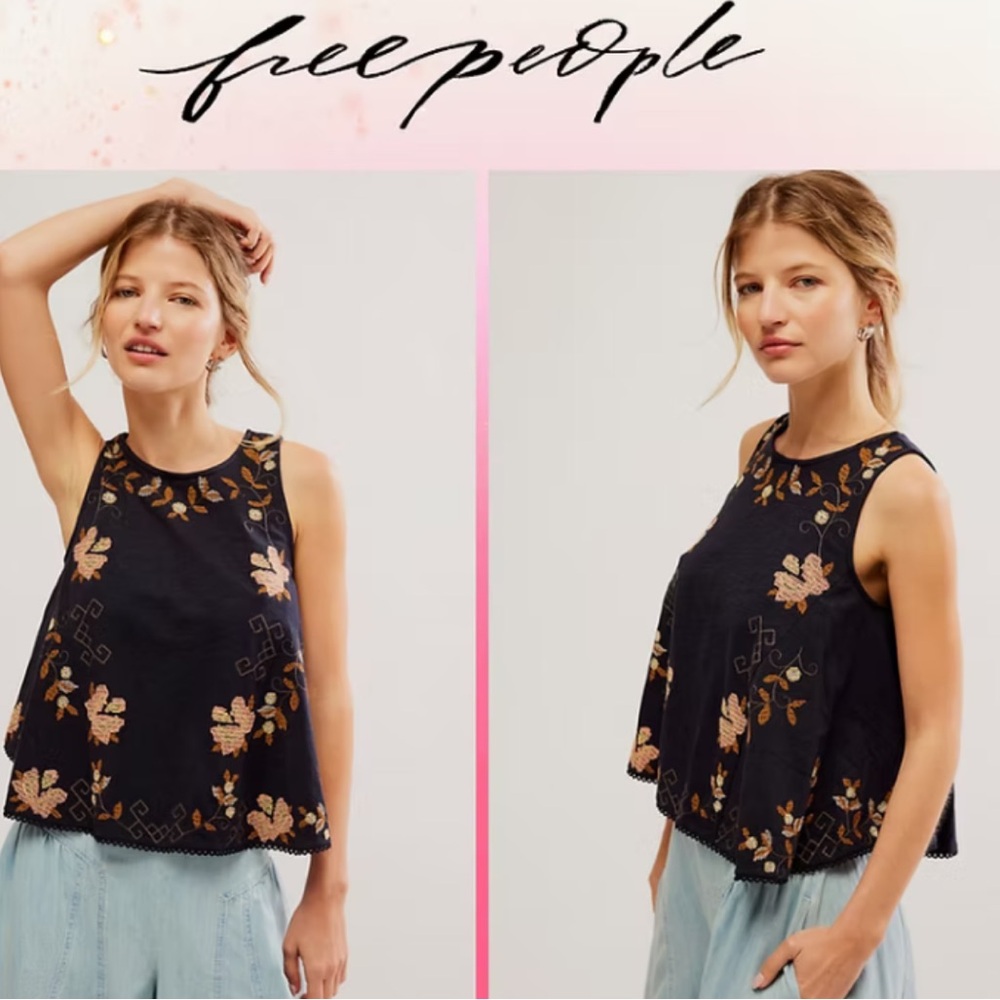 Free People Navy Floral Embroidered Blouse